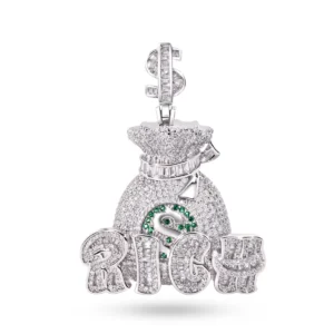 Rhodium Plated 925 Sterling Silver Money Bag Rich Pendant with White and Green CZ Dollar Sign