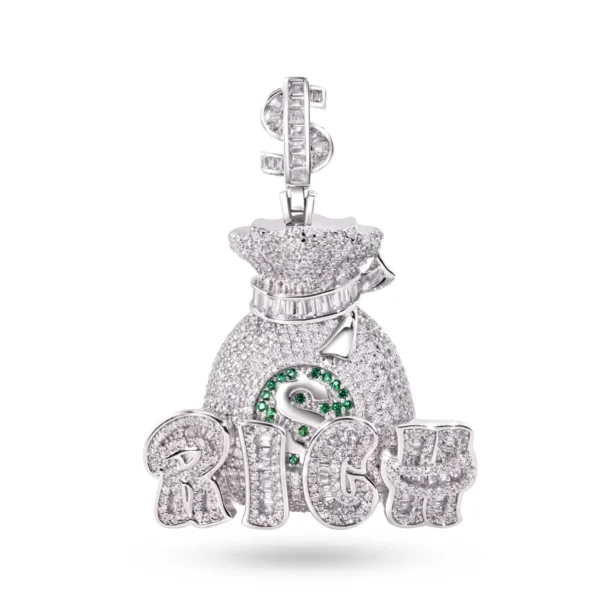 Rhodium Plated 925 Sterling Silver Money Bag Rich Pendant with White and Green CZ Dollar Sign