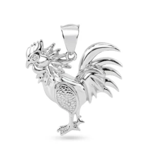 Rhodium Plated 925 Sterling Silver Rooster with White CZ Eye Pendant