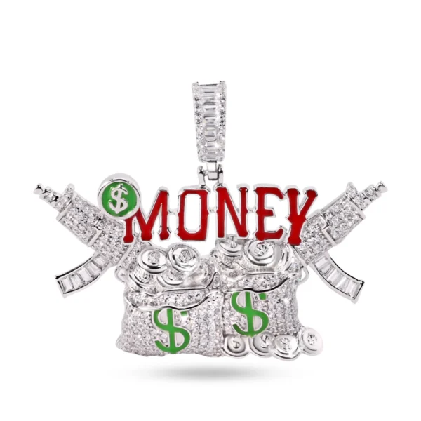 Rhodium Plated 925 Sterling Silver Money Bags & Guns Pendant with White CZ and Red and Green Enamel