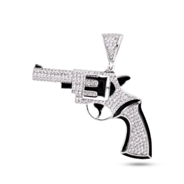 Rhodium Plated 925 Sterling Silver Spinning Revolver Gun Pendant with White CZ and Black Enamel