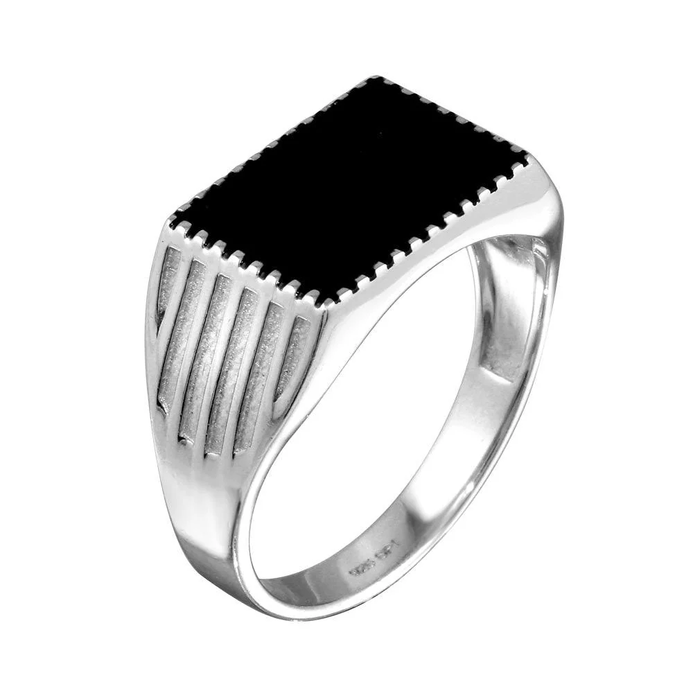 Rhodium Plated 925 Sterling Silver Black Enamel Ring - Image 2