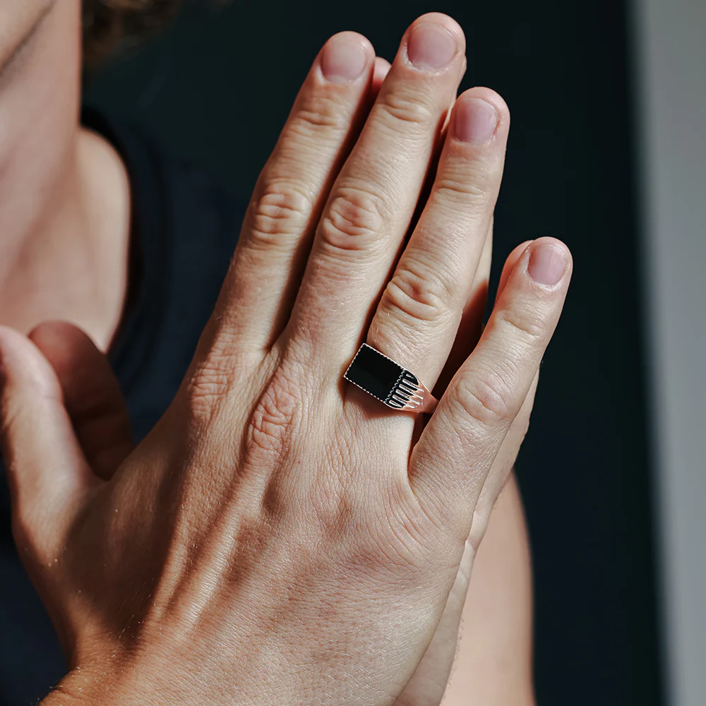 Rhodium Plated 925 Sterling Silver Black Enamel Ring - Image 3