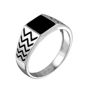 Rhodium Plated 925 Sterling Silver Black Enamel Zig Zag Ring