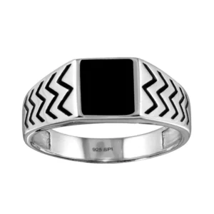 Rhodium Plated 925 Sterling Silver Black Enamel Zig Zag Ring