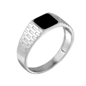Rhodium Plated 925 Sterling Silver Black Enamel Jubilee Design Shank Ring