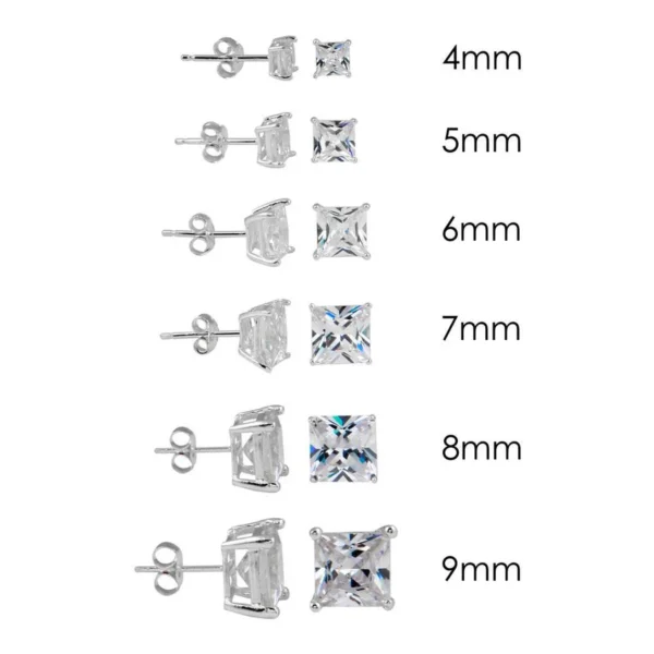 Square CZ Stud Earrings with Rhodium Plating