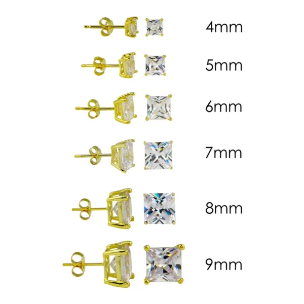 Square CZ Stud Earrings with Yellow Gold Plating