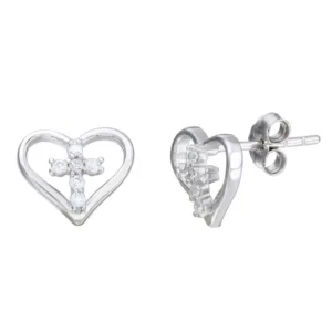 10.1mm x 8.3mm Rhodium Plated 925 Sterling Silver Cross in Heart Stud Earrings