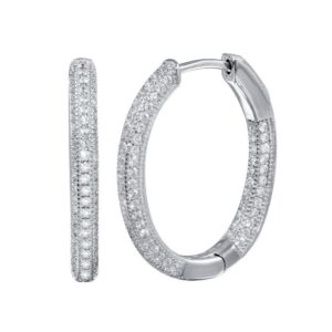 Rhodium Plated 925 Sterling Silver Inside/Outside CZ Oval Hoop Earrings with Vault Lock