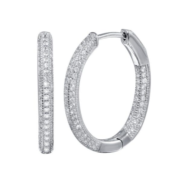 Rhodium Plated 925 Sterling Silver Inside/Outside CZ Oval Hoop Earrings with Vault Lock