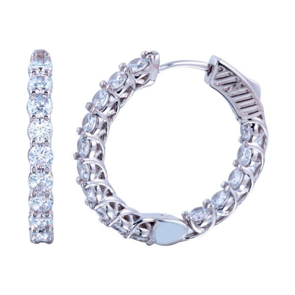 19mm Rhodium Plated 925 Sterling Silver Inside/Outside CZ Hoop Earrings with Vault Lock