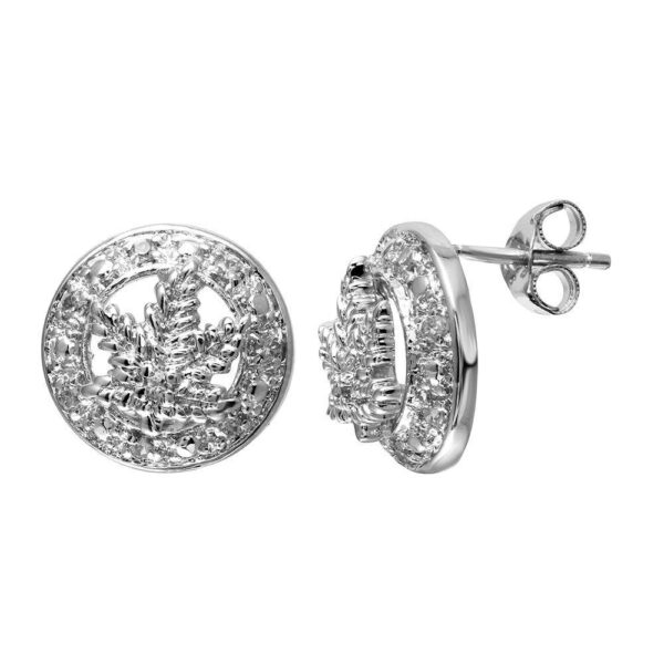 Rhodium Plated 925 Sterling Silver CZ Marijuana Leaf Stud Earrings