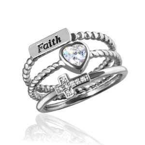 Rhodium Plated 925 Sterling Silver and CZ Faith Heart Cross Triple Band