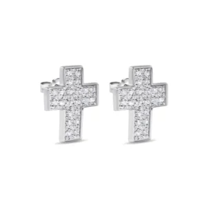925 Sterling Silver Rhodium Plated Micro Pave White CZ Cross Stud Earrings
