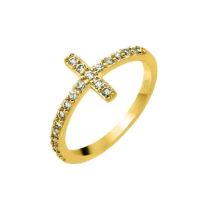 19mm x 2mm Yellow Gold Plated 925 Sterling Silver and CZ Cross Ring