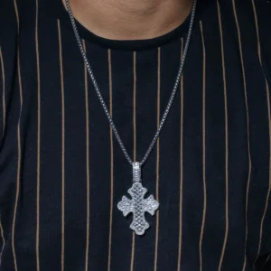 Rhodium Plated 925 Sterling Silver Fleur De Lis Cross Pendant