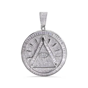 Rhodium Plated 925 Sterling Silver Illuminati Eye CZ Circle-Shaped Pendant