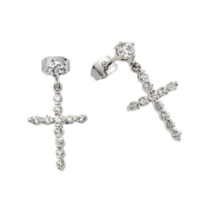 Rhodium Plated 925 Sterling Silver Dangling CZ Cross Earrings