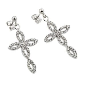 Rhodium Plated 925 Sterling Silver Open Marquis Dangling CZ Cross Earrings