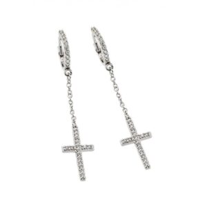 Rhodium Plated 925 Sterling Silver Dangling CZ Cross Huggie Earrings