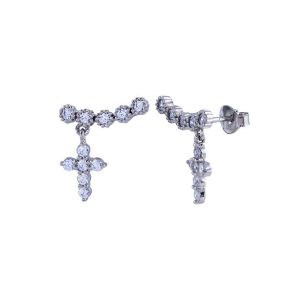 Rhodium Plated 925 Sterling Silver CZ Dangling Cross Ear Climbers