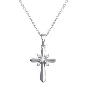 Rhodium Plated 925 Sterling Silver CZ Cross Pendant with Chain Necklace