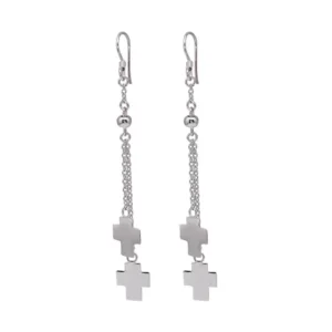 Rhodium Plated 925 Sterling Silver Dangling Cross Hook Earrings