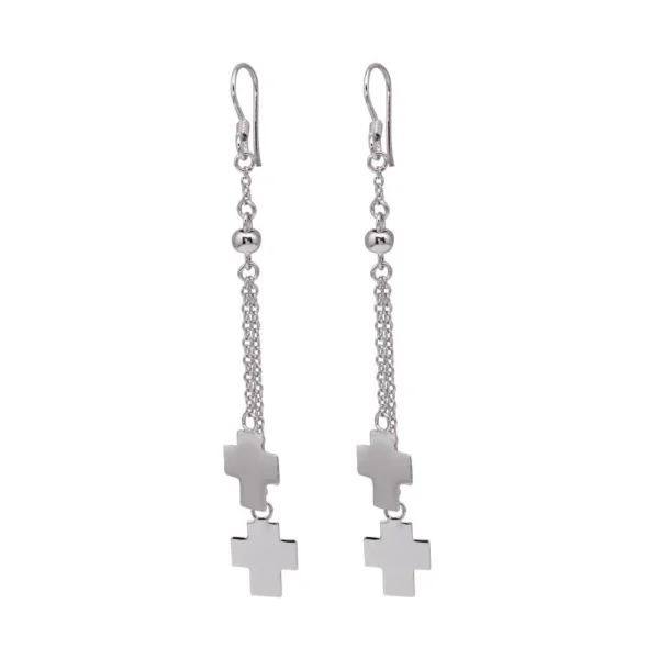 Rhodium Plated 925 Sterling Silver Dangling Cross Hook Earrings