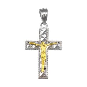 Two-Tone 925 Sterling Silver and Yellow Gold Plated Crucifix Cross Pendant