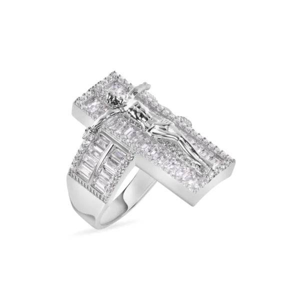 Rhodium Plated 925 Sterling Silver Baguette CZ Cross Ring