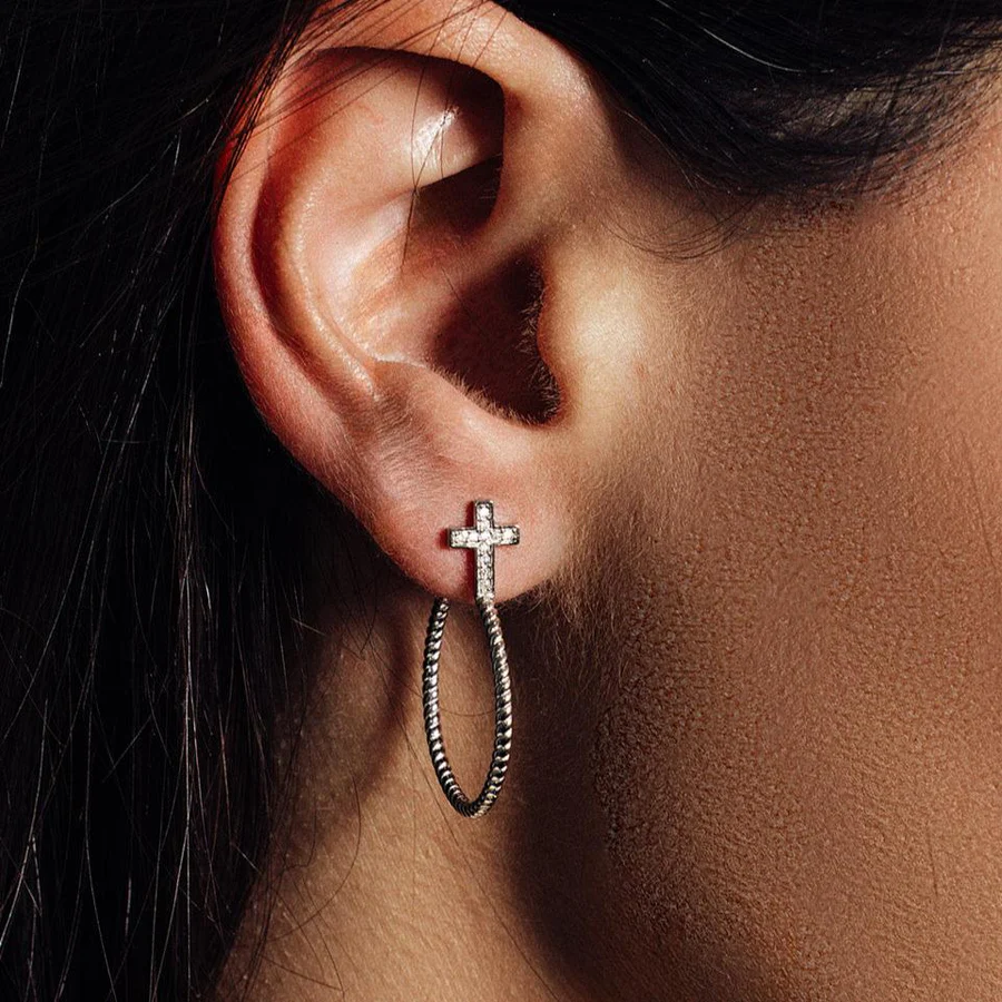 Rope Design Semi Hoop Earrings on a CZ Cross - Image 2