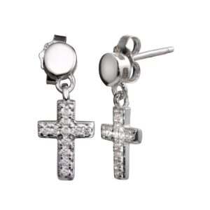 Rhodium Plated 925 Sterling Silver Mini Dangling CZ Cross Earrings