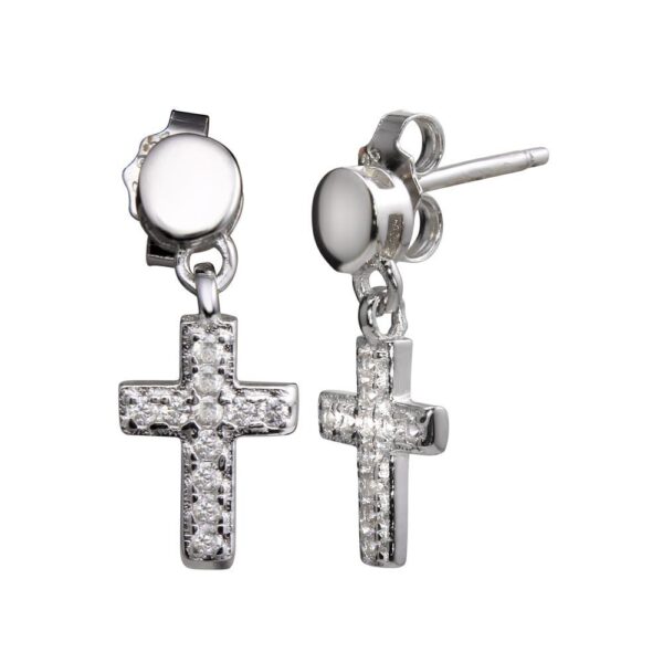 Rhodium Plated 925 Sterling Silver Mini Dangling CZ Cross Earrings
