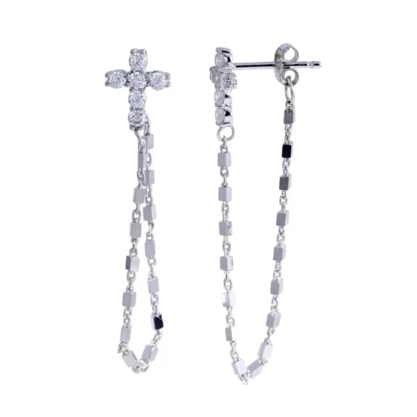 Cross and Chain CZ Stud Earrings