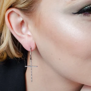 Rhodium Plated 925 Sterling Silver Dangling CZ Cross Earrings