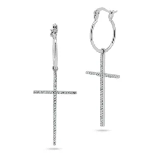Rhodium Plated 925 Sterling Silver Dangling CZ Cross Earrings