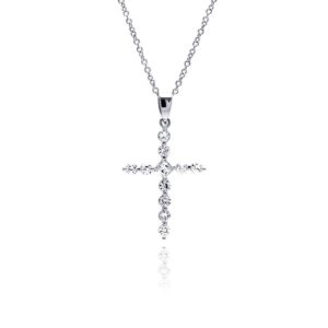 Rhodium Plated 925 Sterling Silver CZ Cross Pendant with Chain Necklace