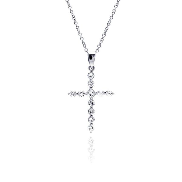 Rhodium Plated 925 Sterling Silver CZ Cross Pendant with Chain Necklace