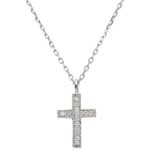 Rhodium Plated 925 Sterling Silver Cross Necklace with CZ