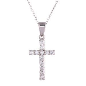 Rhodium Plated 925 Sterling Silver CZ Cross Pendant with Chain Necklace